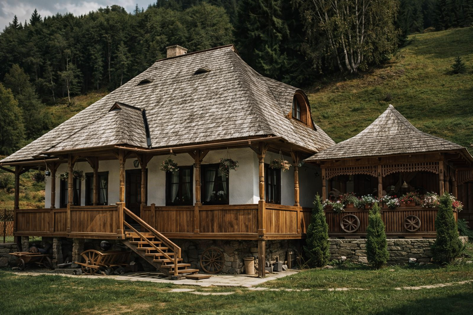 Rural buildings and hillside landscape in daylight
