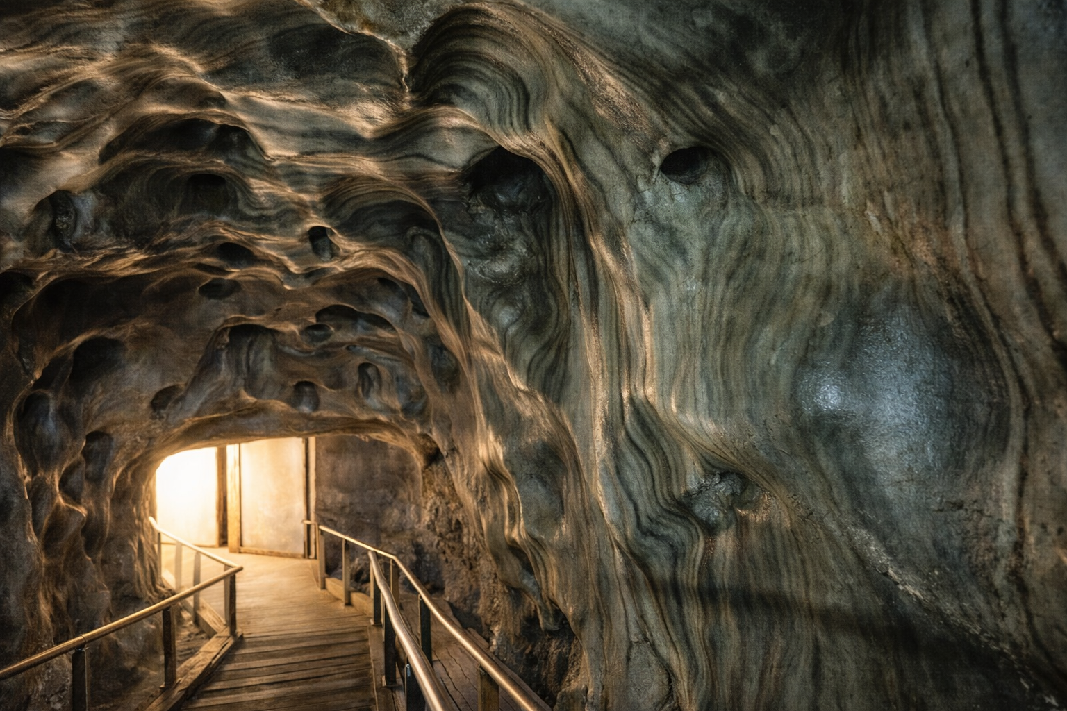 Interior walkway and lit underground chamber