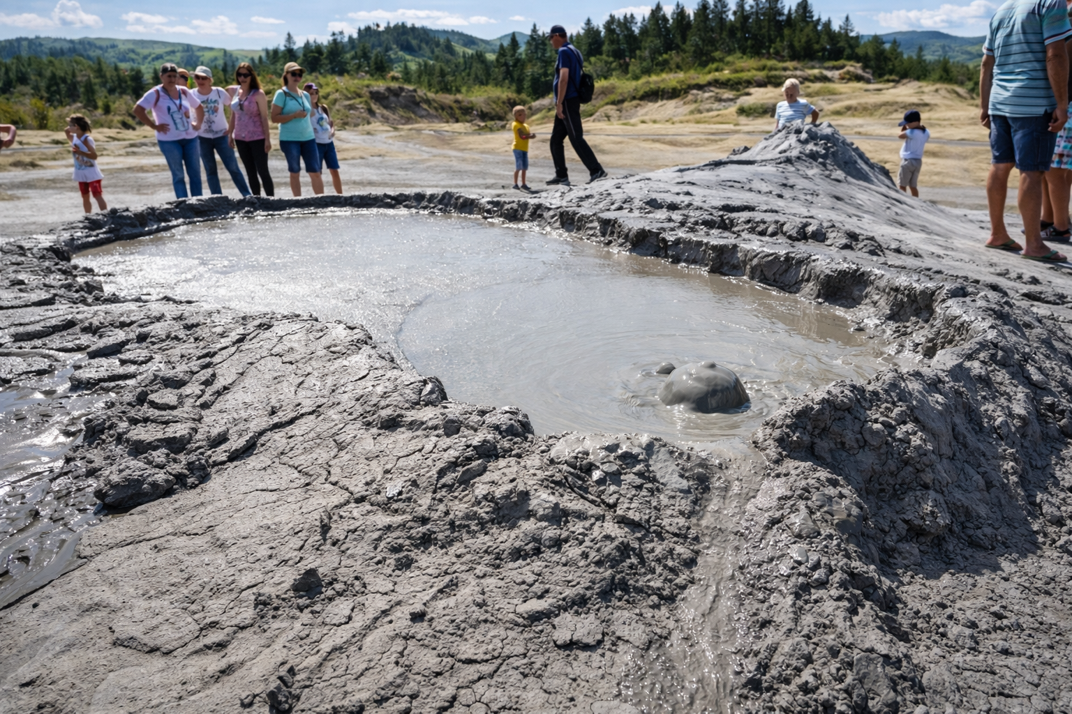 Eroded mud ridges under broad sky